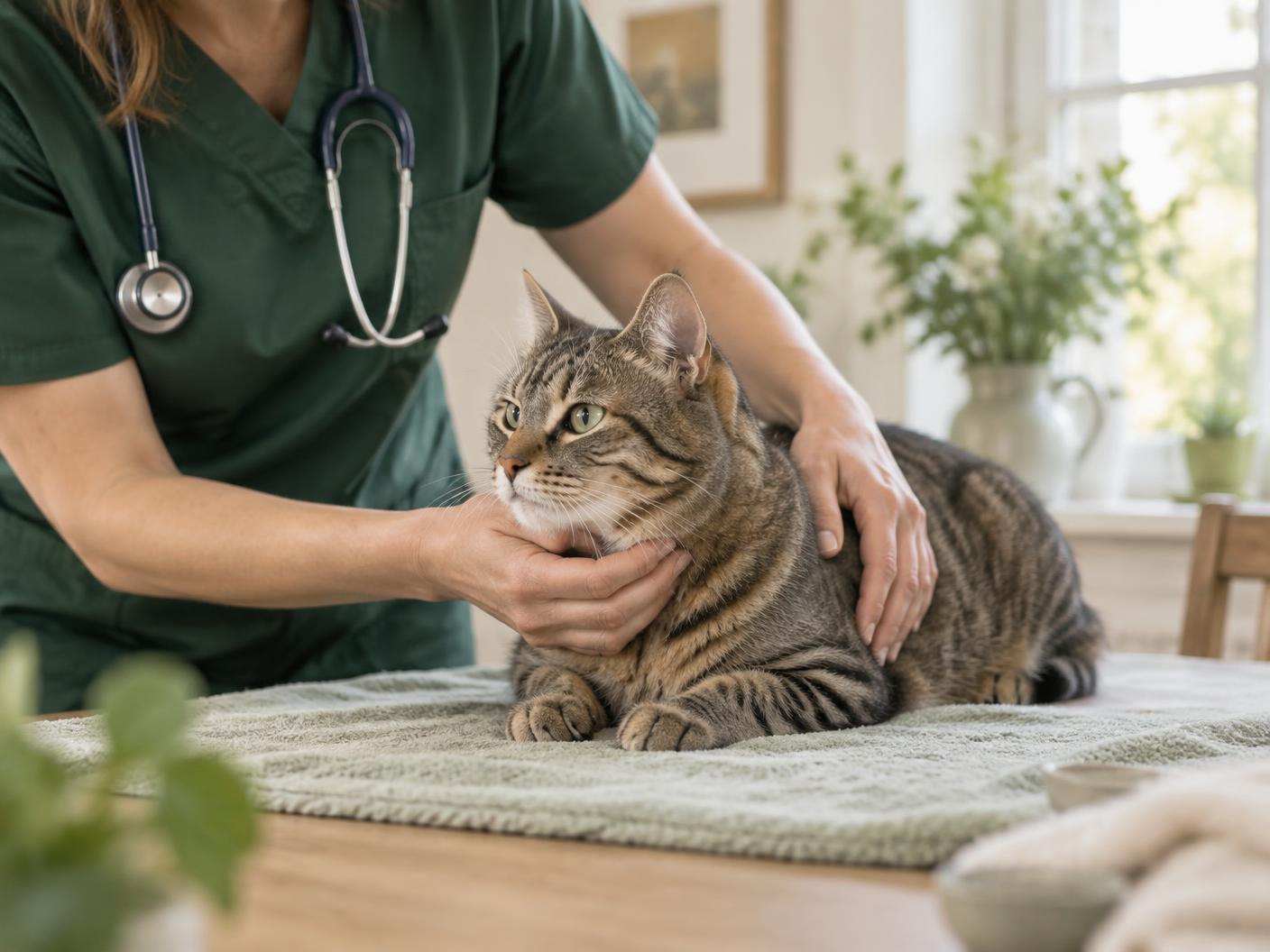 Veterinary professional gently examining a calm cat