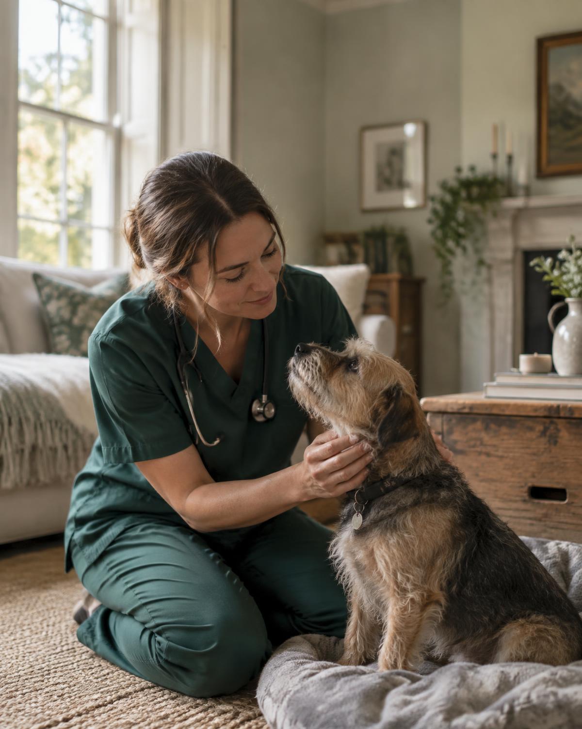 Veterinary professional calmly caring for a dog in a home setting
